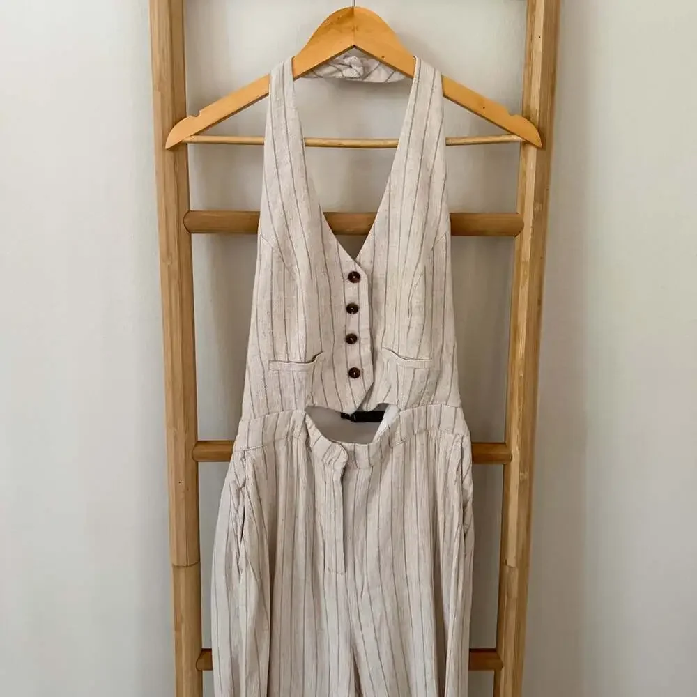Zara Striped Linen Blend Rustic Halter Jumpsuit Beige Ecru Wide Leg Medium